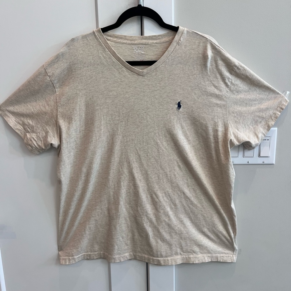 Polo Ralph Lauren V Neck Logo Short Sleeve T-Shirt Beige‎ Pullover Mens XL